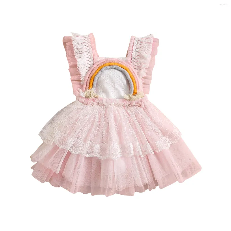 Girl Dresses Toddler Baby Tank Top Dress Sleeveless Square Neck Rainbow Patch Frill Princess Layered Mesh For Infant Girls