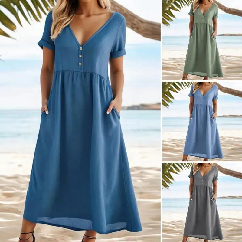 Casual jurken dames zomerjurk A-lijn losse zoom korte mouwen strakke taille zakken vakantie strand maxi