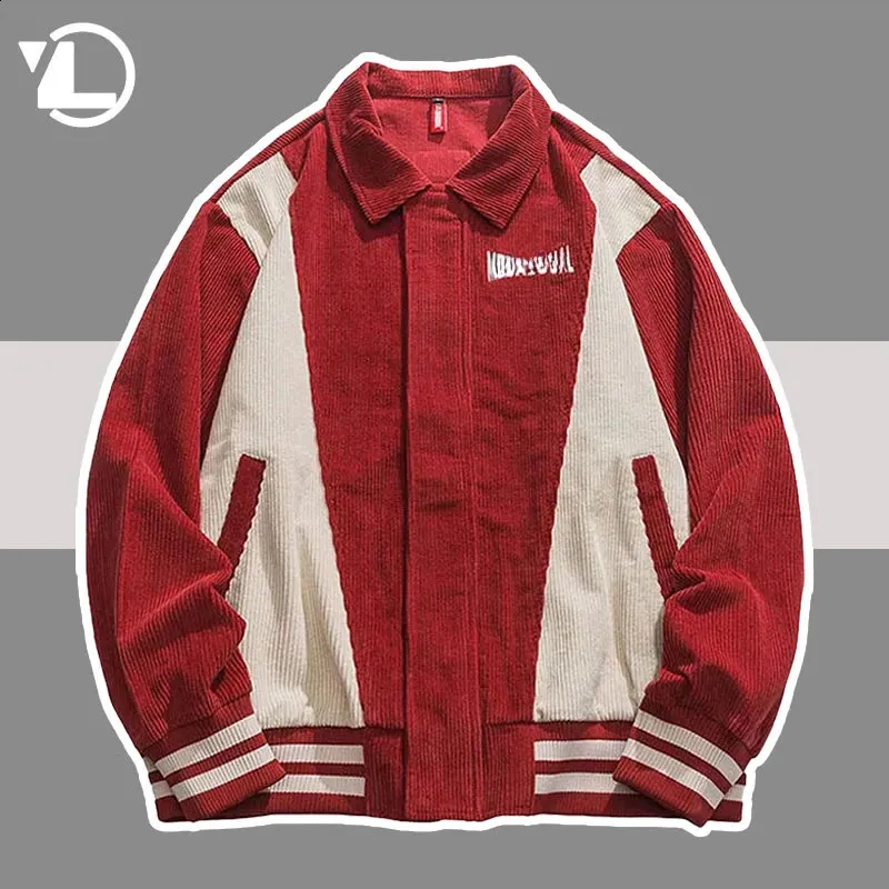 Velluto a coste College Giacche Uomo Primavera Autunno Moda casual Rosso Baseball Outwear Uomo Retro Patchwork Color Block Varsity Cappotti 240311