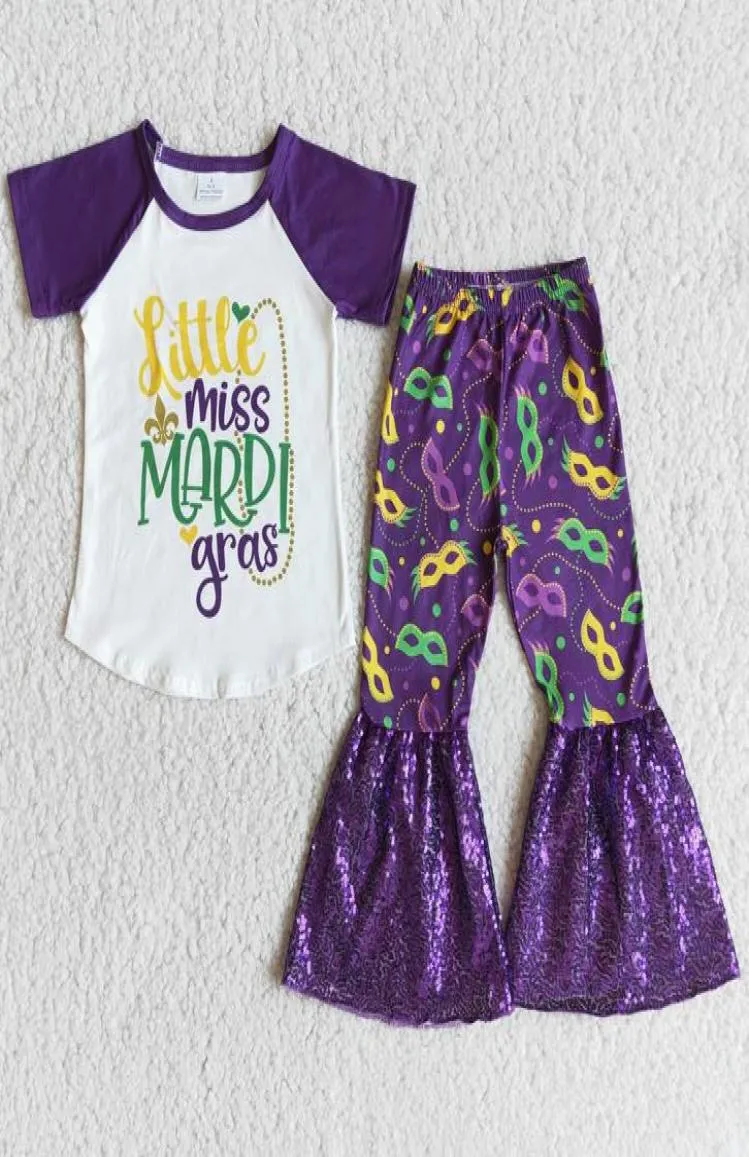 Ropa entera para niña Mardi Gras Conjuntos para niños Moda Ropa para niñas pequeñas Lentejuelas de manga corta lindas Pantalón inferior de campana Primavera C2039107