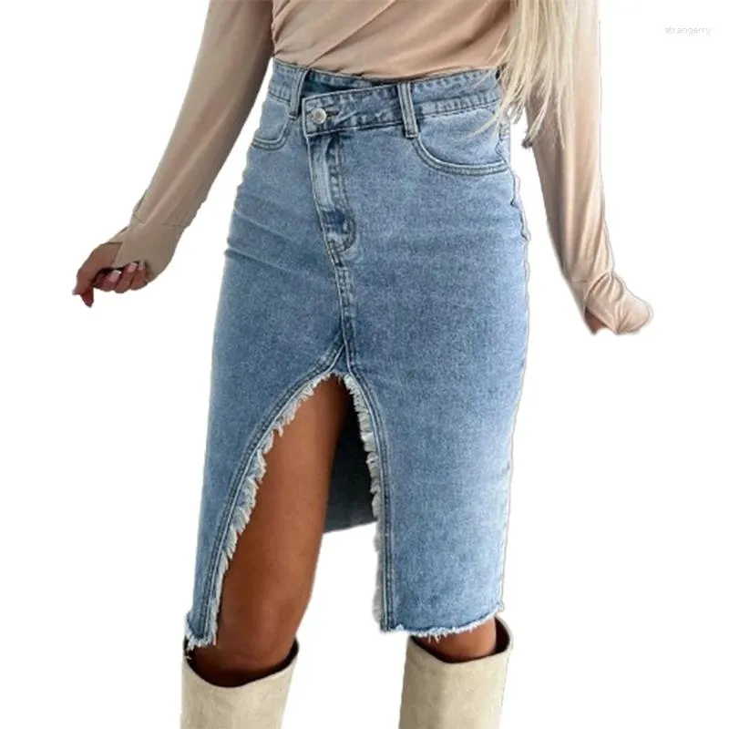 Kjolar kvinnors söta stil fasta färgerplit wrap höft denim kjol kvinnliga koreanska mode burrs smala passform halvkroppsklänningar avslappnad pendlare