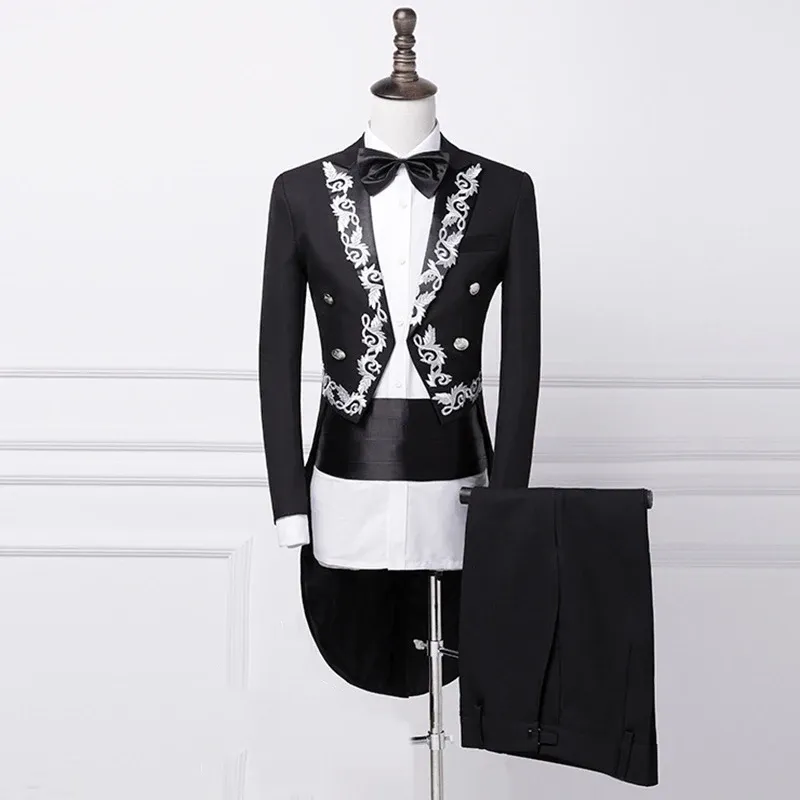 Garnitury męskie płaszcz czarny biały smoking formalny garnitur Swallow Tail Coat Męska kurtka garnitury imprezowy taniec ślubny występ sceniczny