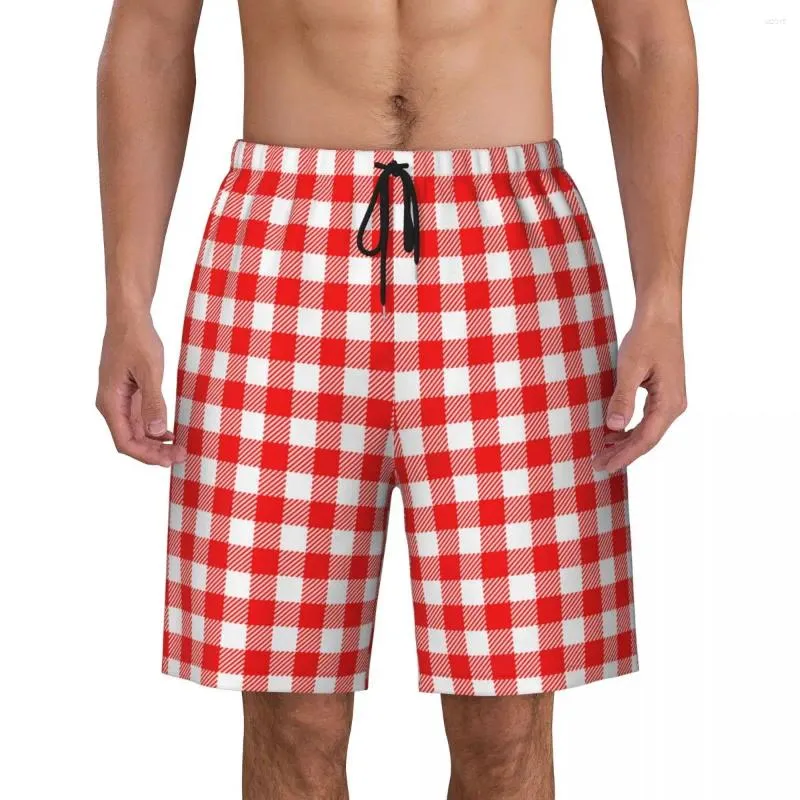 Mäns shorts röd rutig rutig stil utskrift simt stammar snabb torr badkläder strandtavla brädhorter