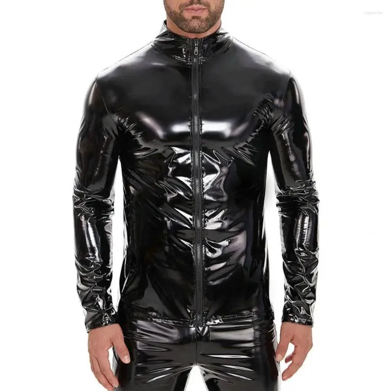 Chaquetas para hombres Hombres Chaqueta elástica Fiesta de cuero de imitación Club nocturno con cuello de soporte Cierre de cremallera Liso Brillante Sólido para la noche