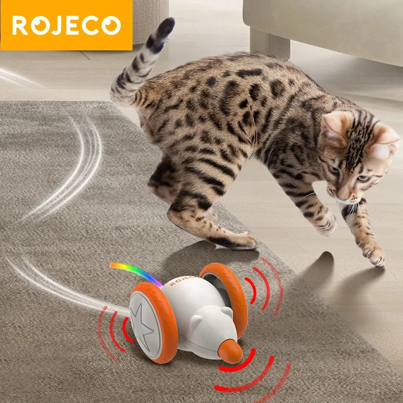 Rojeco automático gato brinquedos interativos pet inteligente mouse jogar para gato teaser led recarregável ratos brinquedos internos para gato acessórios 240309