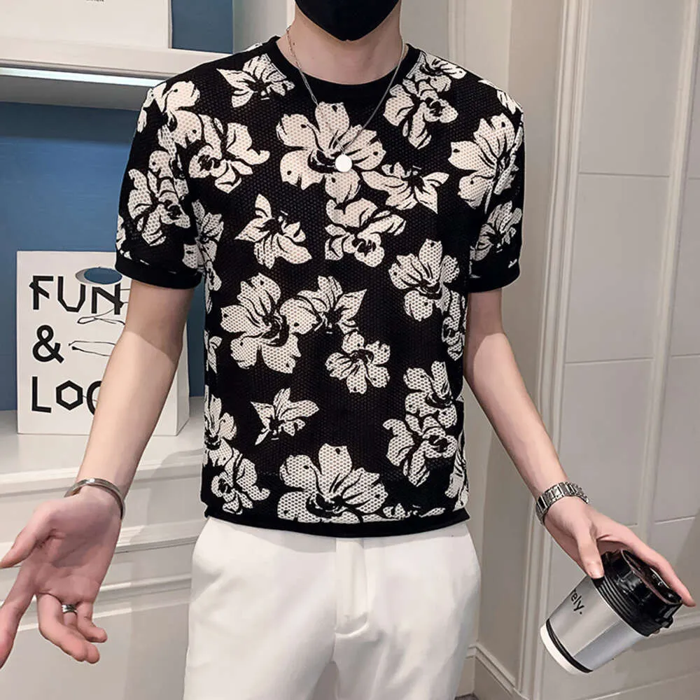 Trendiges Herren-T-Shirt mit kurzen Ärmeln, Social Boy, Blumenmuster, Rundhalsausschnitt, schnell trocknend, Eisseide, kühles Gefühl