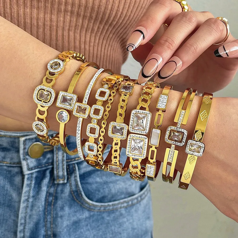 Geometric Gold Bangles for Women 14k Yellow Gold Cubic Zirconia  Bracelets, Waterproof Fashion Jewelry, New Design