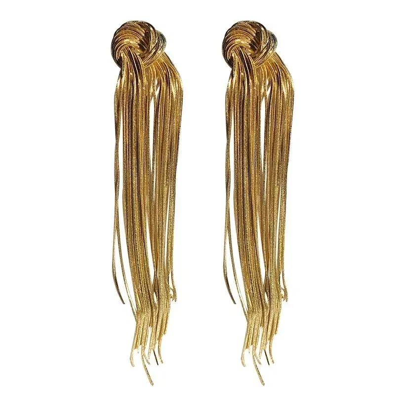 Pendientes largos de gota de oro de 18K con nudo de borla a la moda europea y americana para mujer, tendencia de joyería de lujo de diseñador de marca