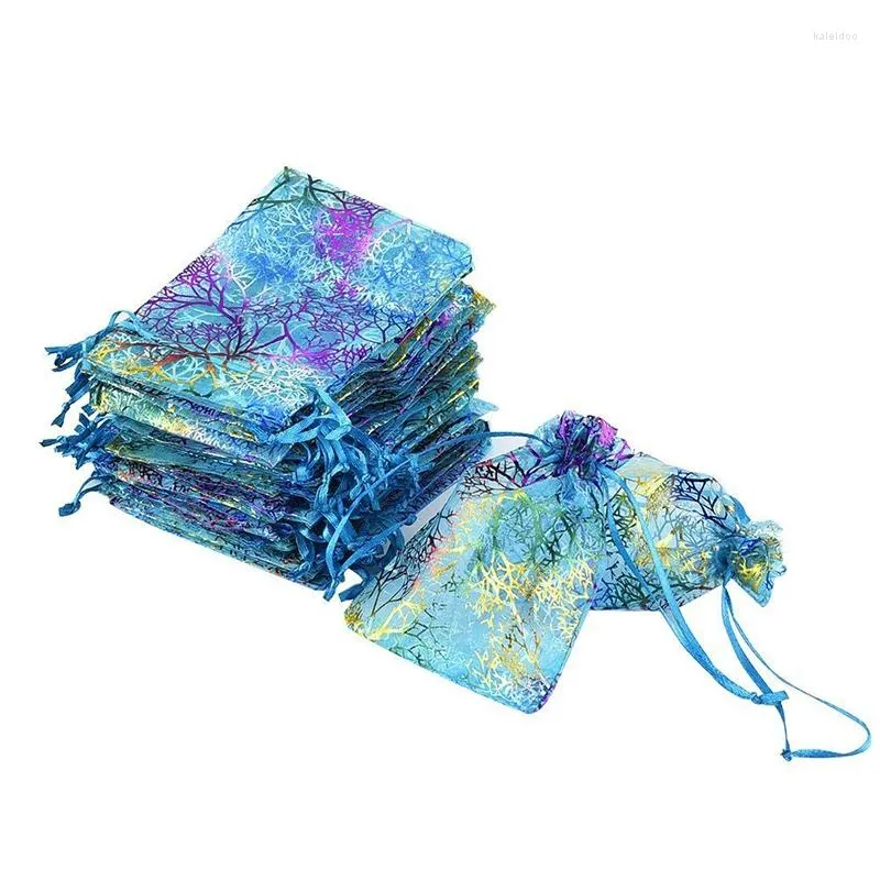 Pochettes à bijoux en Organza imprimé corail, 7x9, 9x12, 100 pièces, sacs d'emballage de charme avec cordon de serrage pour cadeau de mariage, rangement quotidien W14