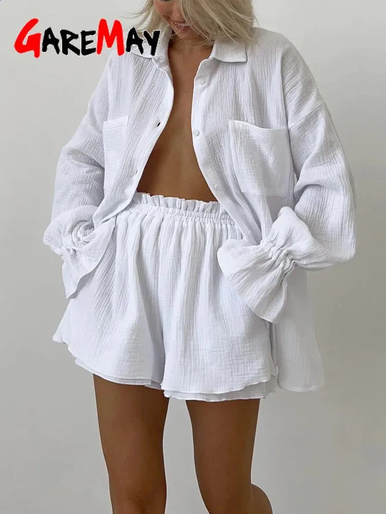 Costume d'été blanc pour femmes avec short 100% coton chemise ample décontracté deux pièces ensemble femmes haut à manches longues costume en mousseline pour les femmes 240311