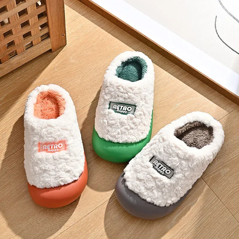 Slippers EVA Thick Sole Warm Fur Slippers Women Men Winter Fluffy Closed Toe Plush Indoor Home Slippers House Cute Cotton Slides Shoes