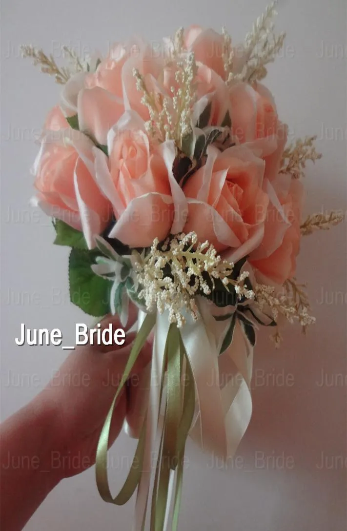 Lovely Peach Rose Bridal Bouquet 18 Flowers Real Po High Quality Bridal Throw Flower Green Leaves Wedding Bridesmaid Bouquet wi3554969