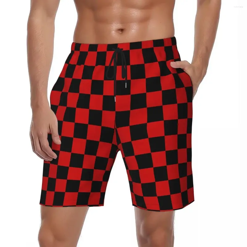 Mäns shorts Svart och röda checkers Board Summer Fashon Stylish Short Pants Sport Surf Quick Torkning Anpassade badstammar