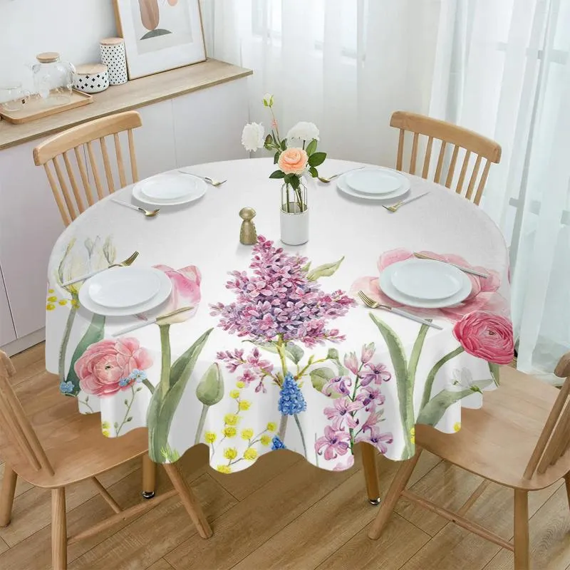 Table Cloth Tulip Flower Plants Spring Round Waterproof Wedding Holiday Tablecloth Coffee Decor Cover