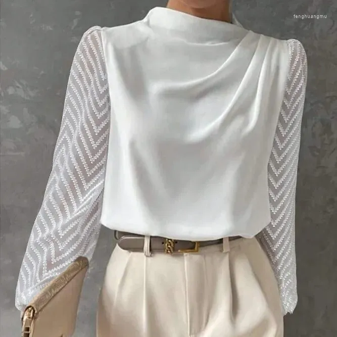 Dames blouses witte mesh patchwork shirt blouse dames fahsion o-neck lantern mouw shirts voor 2024 lente casual vouwen tops