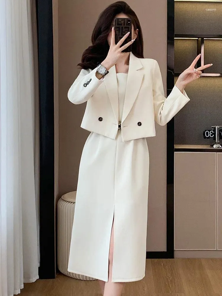 Conjunto de duas peças vestido branco saias femininas notch lapelas blazer saia solta cinza preto elegante roupas francesas para festa de aniversário senhora do escritório