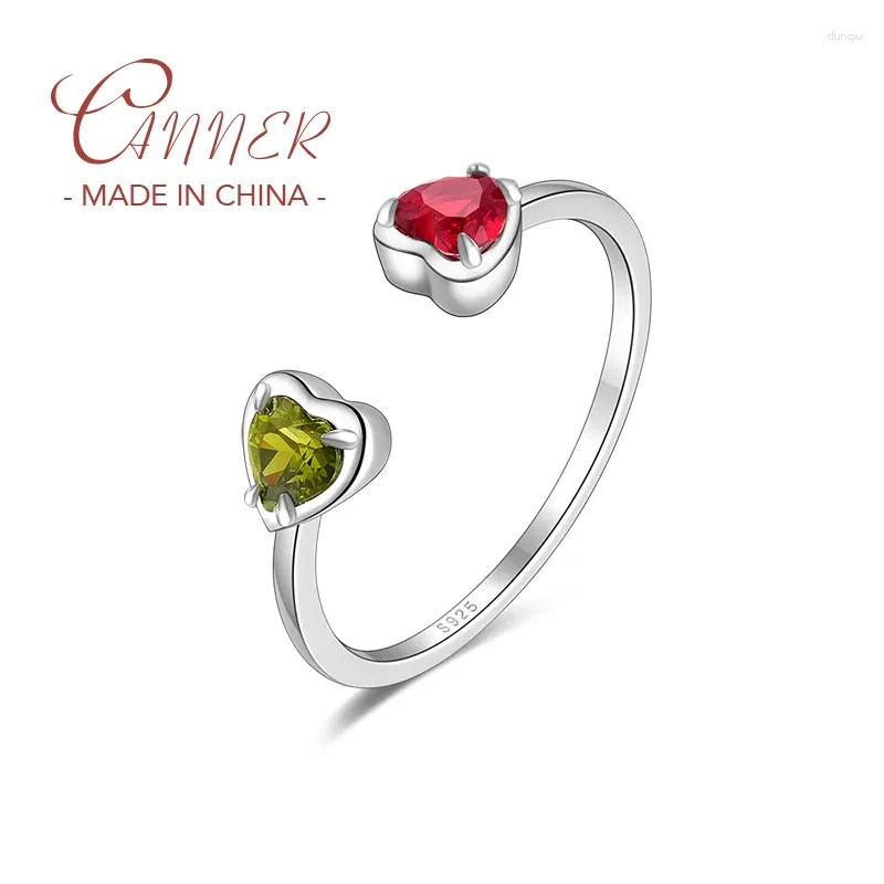 Bagues de cluster Canner 925 Sterling Silver Double Love Heart Zircon Bague réglable pour femmes Mariage Doigt Bijoux Bague Anillos Cadeau