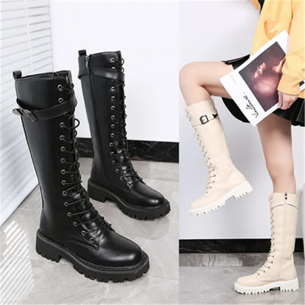 Boots Long Tube Knee High Boots Women's 2024 Autumn Winter Fashion British Knight Boots Soft Leather Lace Up Shoes Black Beige