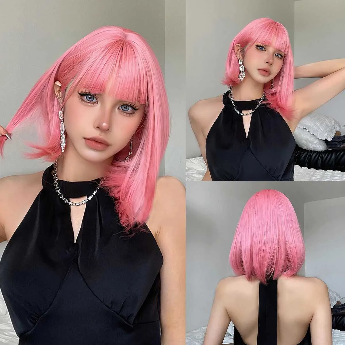 Synthetische pruiken Roze Kleurrijk Korte pruik voor dames Recht Natuurlijk Cosplaypruiken met pony Hoge dichtheid Zacht Feest Synthetisch haar Hittebestendig 240328 240327