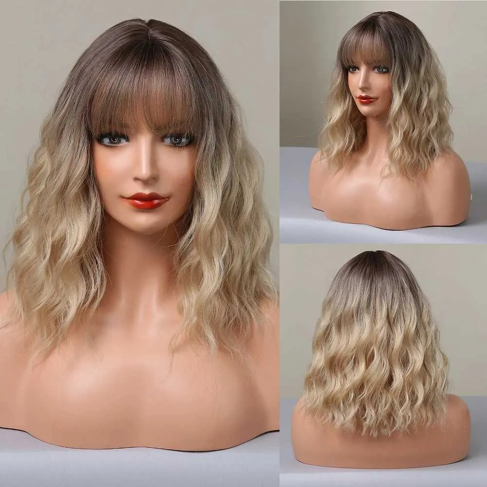 Perucas sintéticas curto ondulado bob perucas sintéticas com franja marrom loira ombre perucas de cabelo para mulheres cosplay lolita peruca natural resistente ao calor 240329