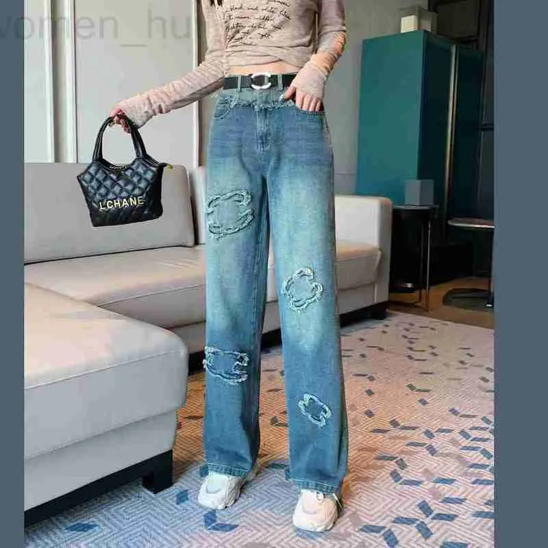 Jeans da donna firmati Xiao Xiang Feng Mao Bian Wash Water Denim Pantaloni a gamba larga per 24 primavera Nuove torri da pavimento a vita alta, gamba sottile e dritta 44DS