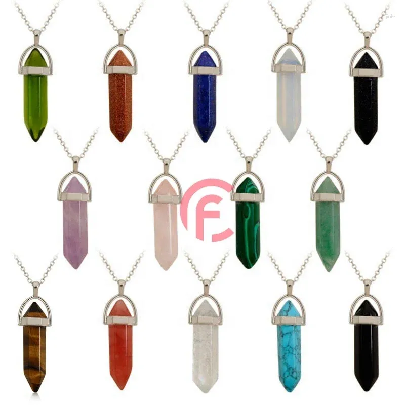 Pendant Necklaces Wholesale Natural Stone Amethyst Rose Quartz Crystal Hexagonal Pendulum Necklace DIY Gemstone Jewelry