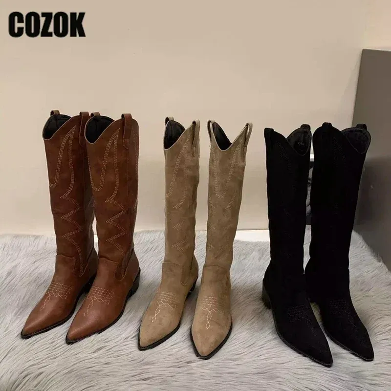 Boots Western Cowboy Knee High Boots Vintage Pointed Toe Female 2023 Thick Heels Ladies Cowgirl Knight Boot Women Autumn Winter Shoes