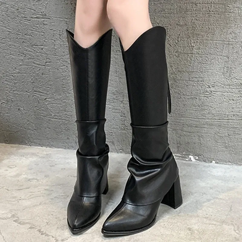 Buty kobiety seksowne buty na wysokich obcasach masywne plisowane Chelse Knee High Boots 2023 Zima nowe modne zamek błyskawiczne pompki motocyklowe buty motocyklowe