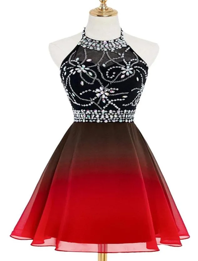 2021 Real Ombre Halter Crystals Gradient Prom Dresses Short Backless Chiffon Cocktail Homecoming Party Gown QC13144495359