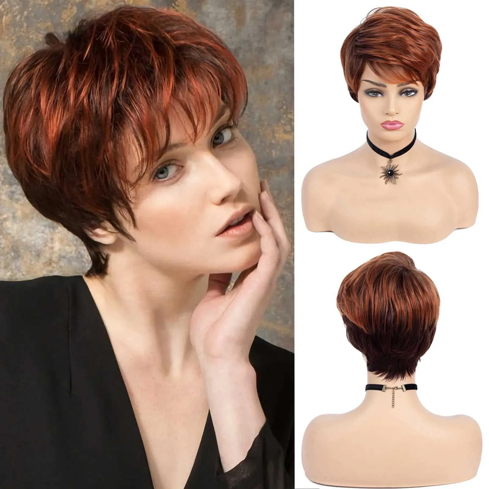 BCHR Short Pixie Cut Synthetic Wig With Side Bangs Copper Red Ombre