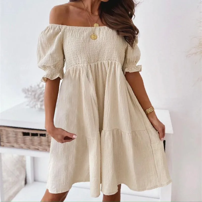 Casual Dresses Solid Loose Fit Short Women Flowy Pleated Stretch Dress Off Shoulder Summer Swing Beach Sundress Vestidos