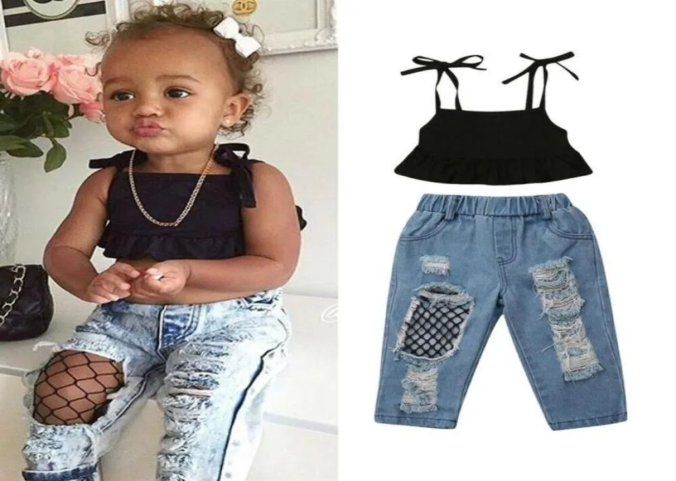 2021 Nouvelle mode enfant en bas âge enfants bébé fille sangle gilet hauts résille déchiré denim pantalon jean 2 pièces tenues enfants filles vêtements ensemble231569493