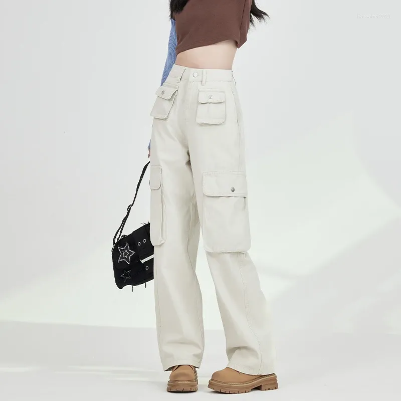 Frauen Jeans 2024 Frühling Und Herbst Koreanische Version Von Werkzeug Mit Hoher Taille Design Multi-tasche Lose Breite bein Hosen