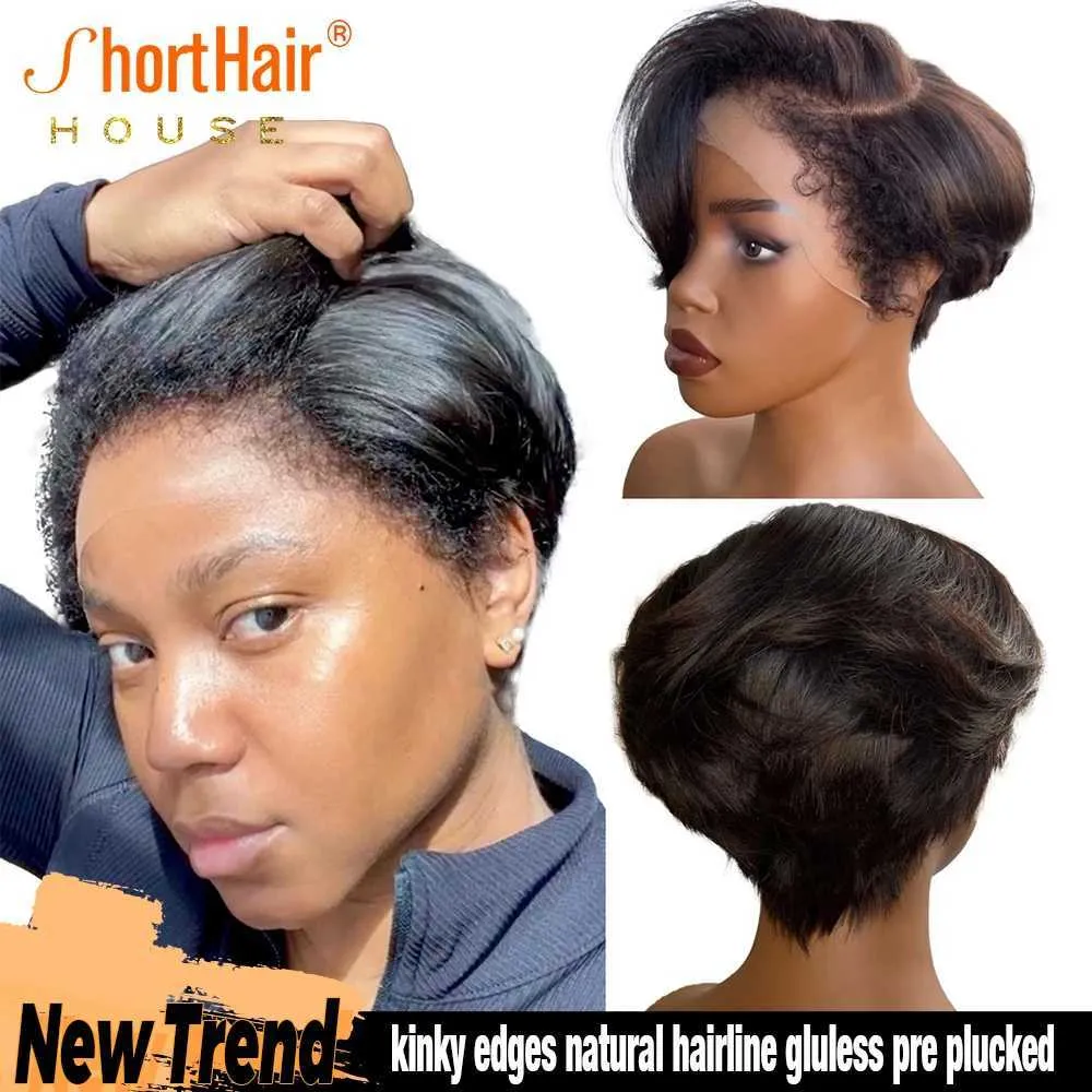 Synthetic Wigs Pixie Cut Human Hair Wigs With Curly Baby Hair Transparent 13x4 Lace Frontal Wigs for Women Invisible Lace Short Bob Wigs 150 % 240329