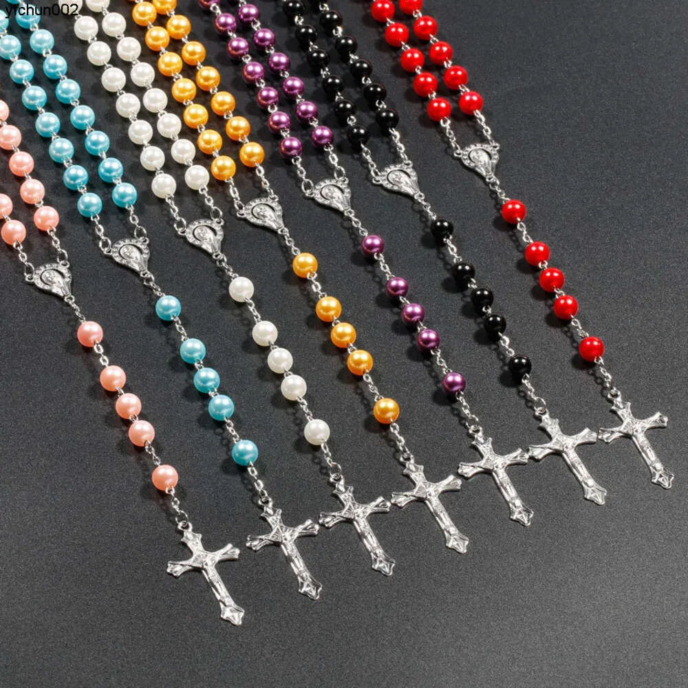 Multi Colored Round Bead Prayer Necklace Mens and Womens Long Imitation Pearl Cross Belief Grnl