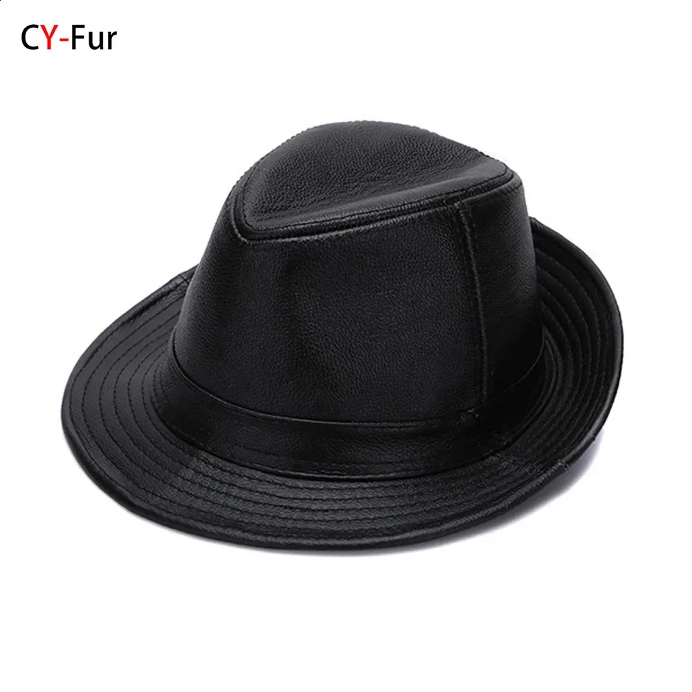 Autumn Men Real äkta Cowhide Leather Top Hats Fashion Caps Winter Warm Cowboy 100% 240311