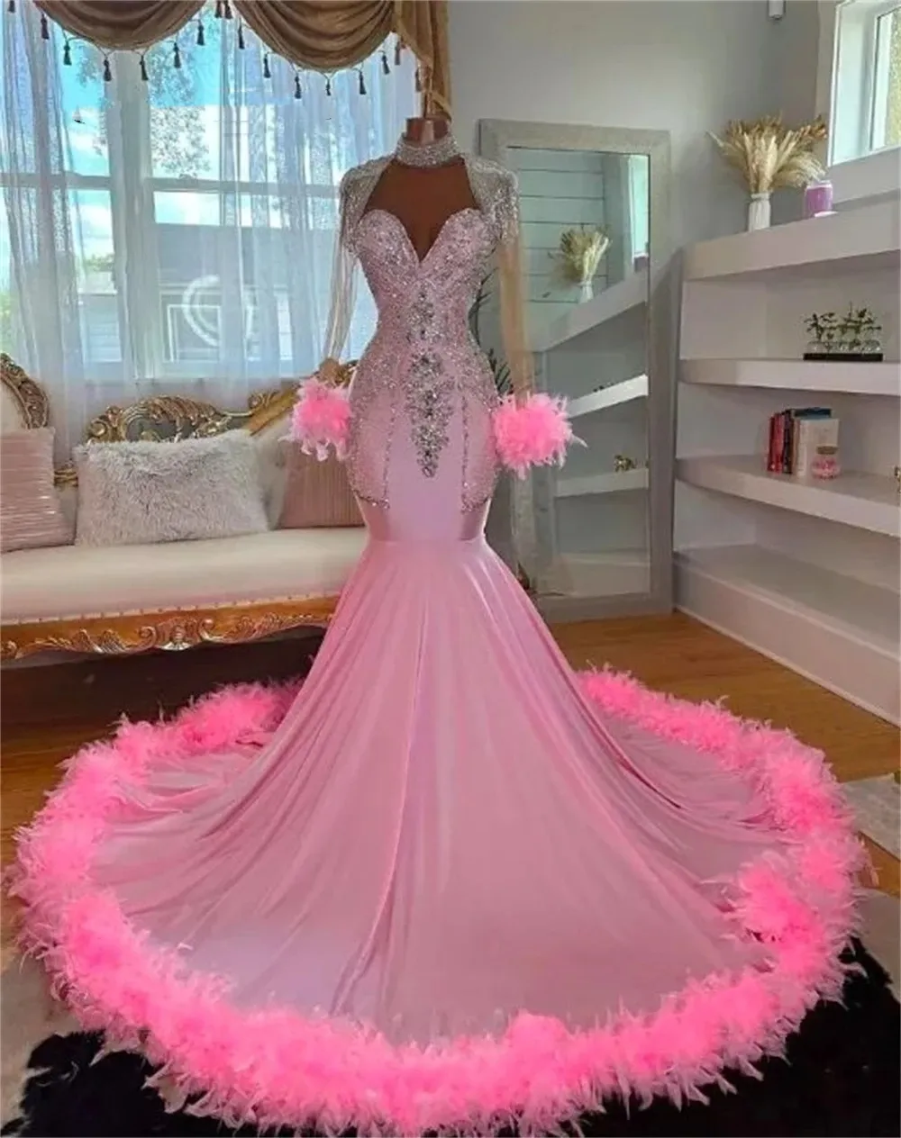 Pretty Pink Veet Mermaid Prom Dresses Elegant See Through Plus Size Birthday Party Gowns for African Women