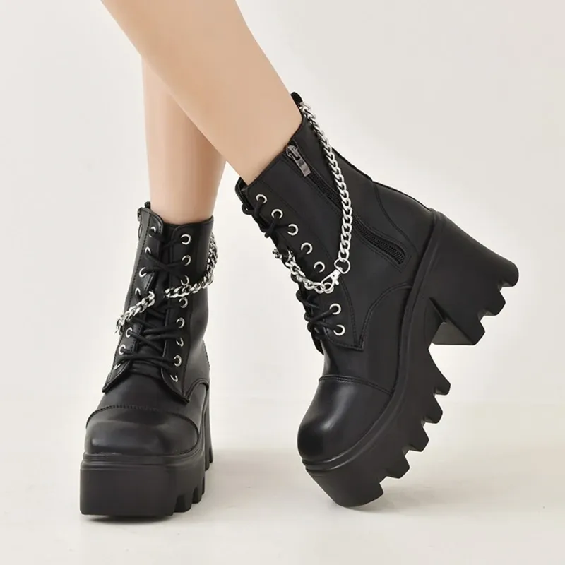 Sandals Side Zip Women Platform Shoes Black Gothic Pu Leather Woman Creeper Punk Shoes Female Black Ankle Short Boots