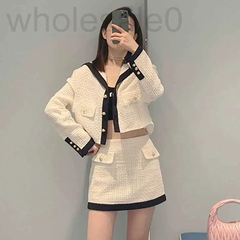 Two Piece Dress designer Mi23 early autumn new high-end socialite style woven color blocking short jacket+A-line skirt versatile set Y595