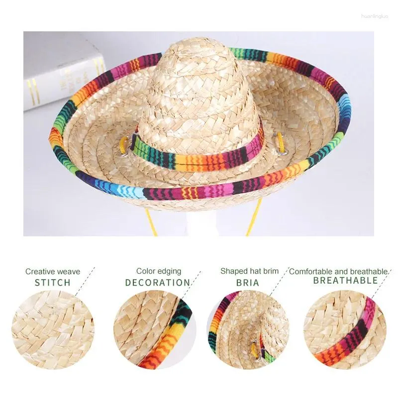 Vêtements de chien mignon mini chiot chat paille tissée de soleil tissu chapeau de soleil mexicain sombrero pour animaux de compagnie costume pour chiens réglables