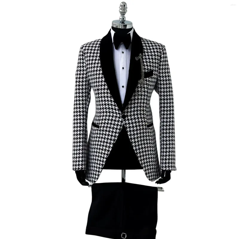 Abiti da uomo Abito pied de poule da uomo Blazer 3 pezzi con risvolto in velluto 1 bottone Giacca grande e alta Gilet Pantaloni Abbigliamento formale da lavoro maschile