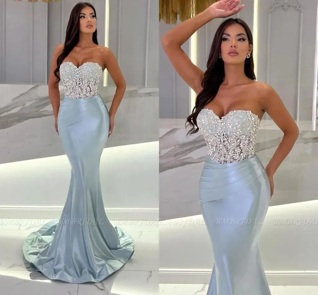 Sexy Light Blue Mermaid Evening Dresses Arabic Dubai Sweetheart Appliques Pleats Satin Long Occasion Party Gowns Prom Dress Wears BC18408