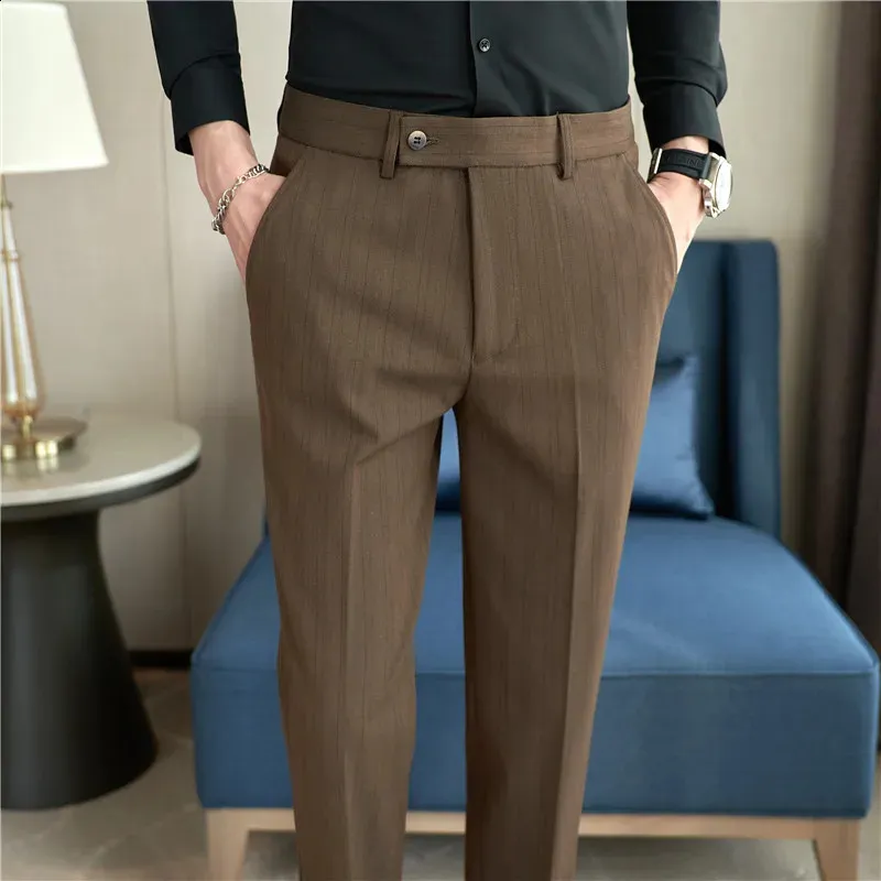 Men Stripe Suit Pants 2024 Autumn New British Style Color-woven Textured Trousers Slim Fit Dress Pants Solid Casual Men Clothing 240318