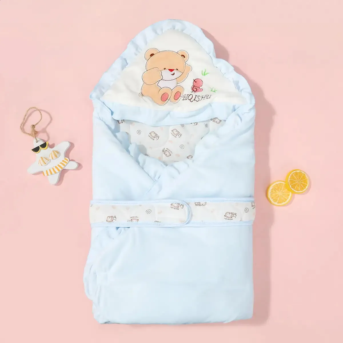 hibobi born Baby 100 Cotton Solid Color Bear Style Wrap Warm Blanket Shawl Kids Cape Plush Swaddle 240304