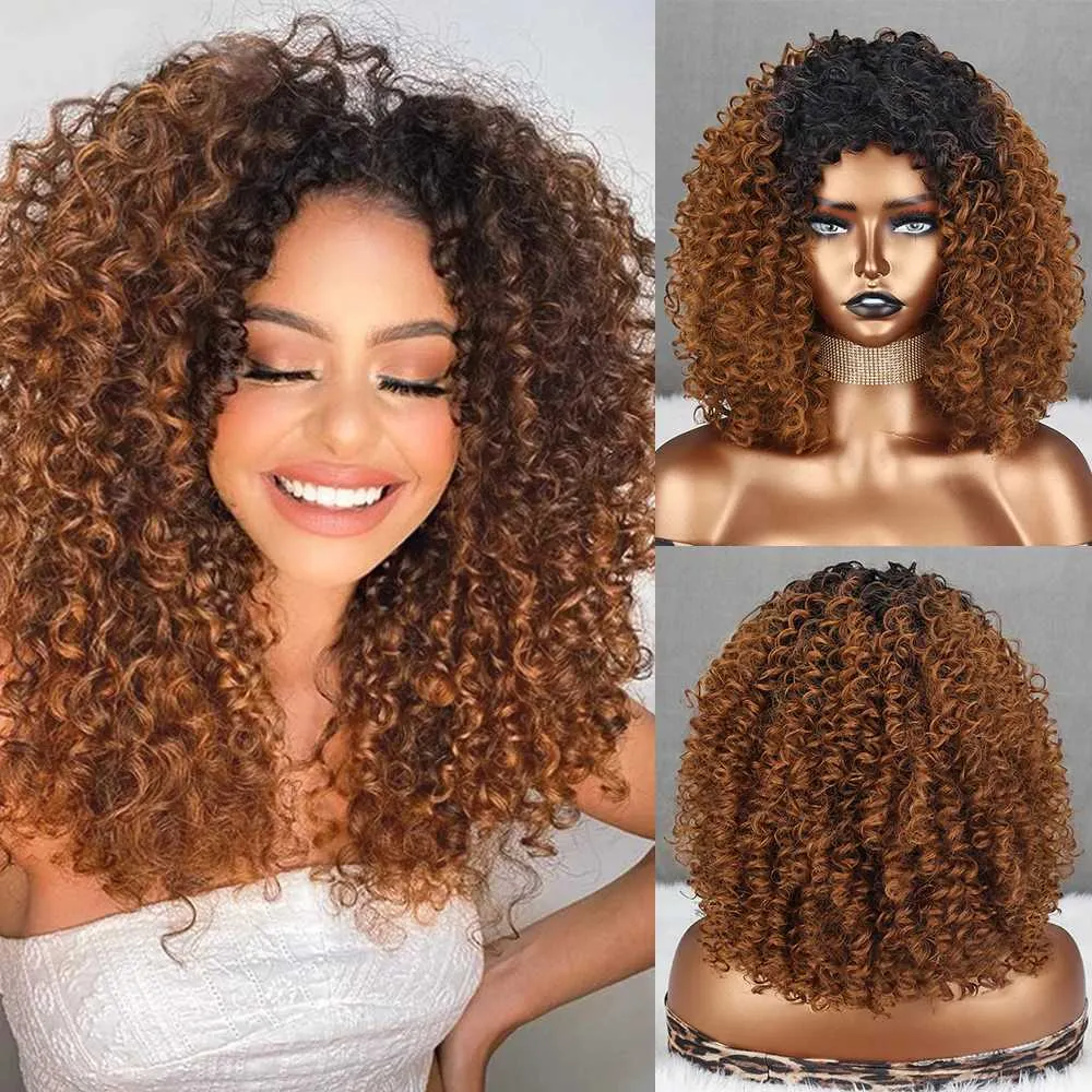 LINGHANG 10 inch Afro Kinky krullende pruik Synthetische korte pruik Bruine pruik zonder pony Gemengde bruine en blonde pruik voor zwarte vrouwen 240329