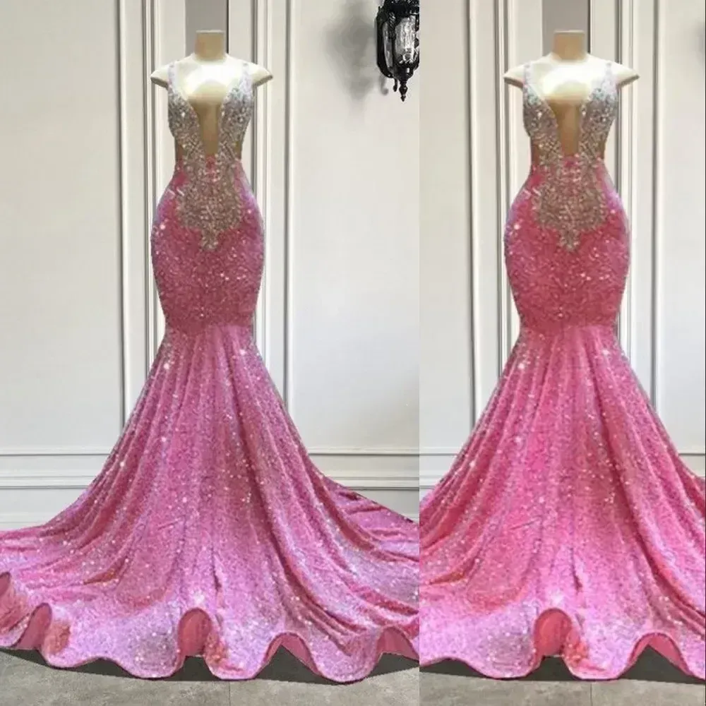 Luxury Long Prom Dresses Sexy Mermaid Sparkly Pink Sequin Black Girls Crystals Beads Illusion Evening Formal Gala Party Gowns Sequined Lace Deep V Neck Dress