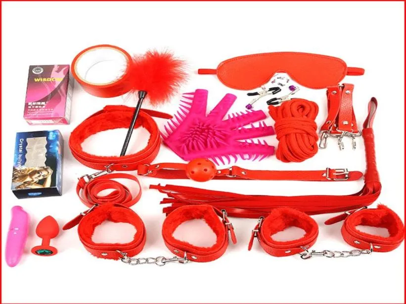 Novo sexy 17 pçs conjunto kit fetiche sexo bondage brinquedos sexuais para casais 4 cores grampos de mamilo pé algema bola mordaça chicote colar máscara de olho2691035