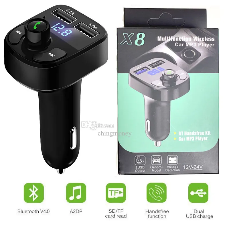 X8 FM Transmetteur sans fil Aux Modulateur Kit mains libres Bluetooth Lecteur MP3 audio de voiture avec chargeur de téléphone rapide 3.1A Chargeur double USB avec boîte de vente au détail