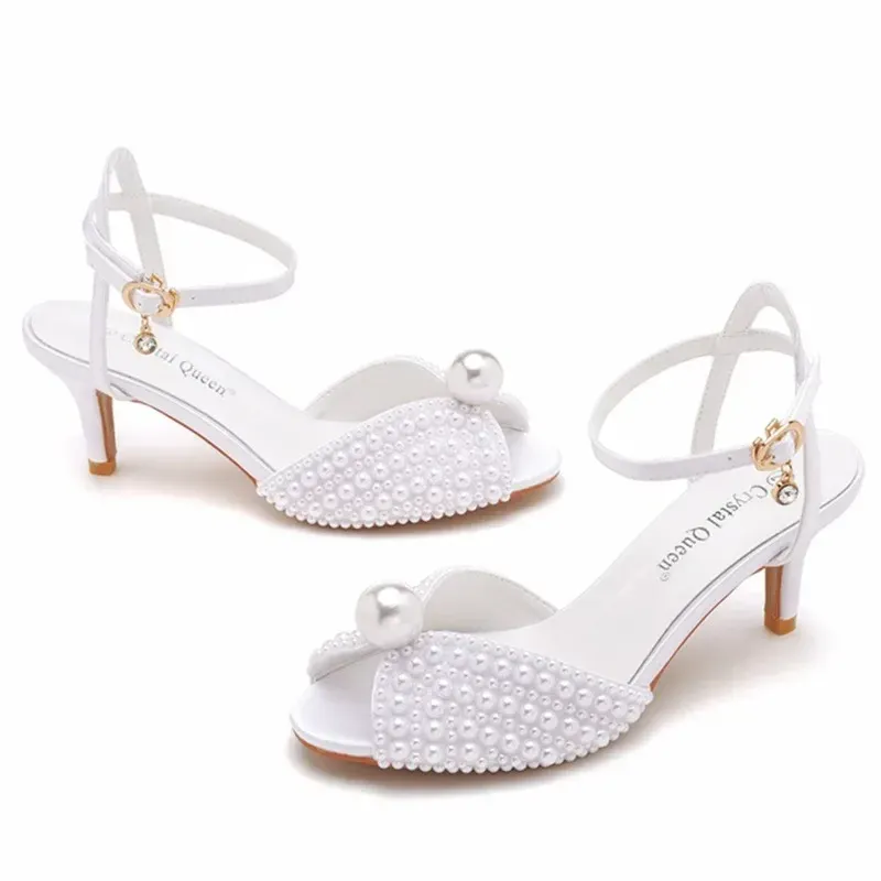 Sandaler Maogu 6cm Fish Mouth High Heeled Sandals Wedding Bride Luxury Designer Shoes Heels Heels Pearl Sandal Ladies Shoe Stor storlek 43