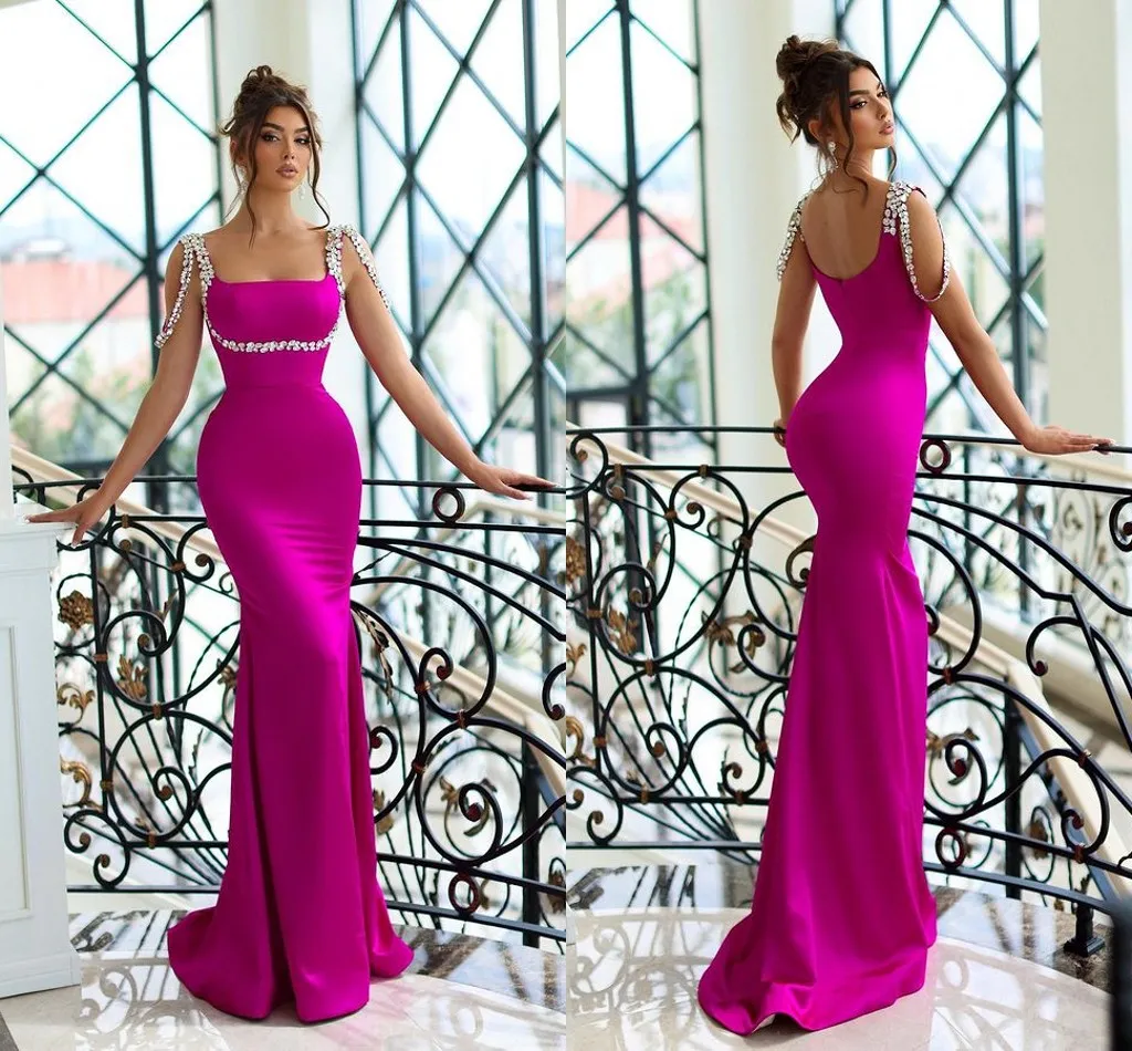 Elegant plus size fuschia sjöjungfru aftonklänningar länge för kvinnor spaghettirem satin kristall svep tåg tävling födelsedagsfest klänningar prom klänning formellt slitage